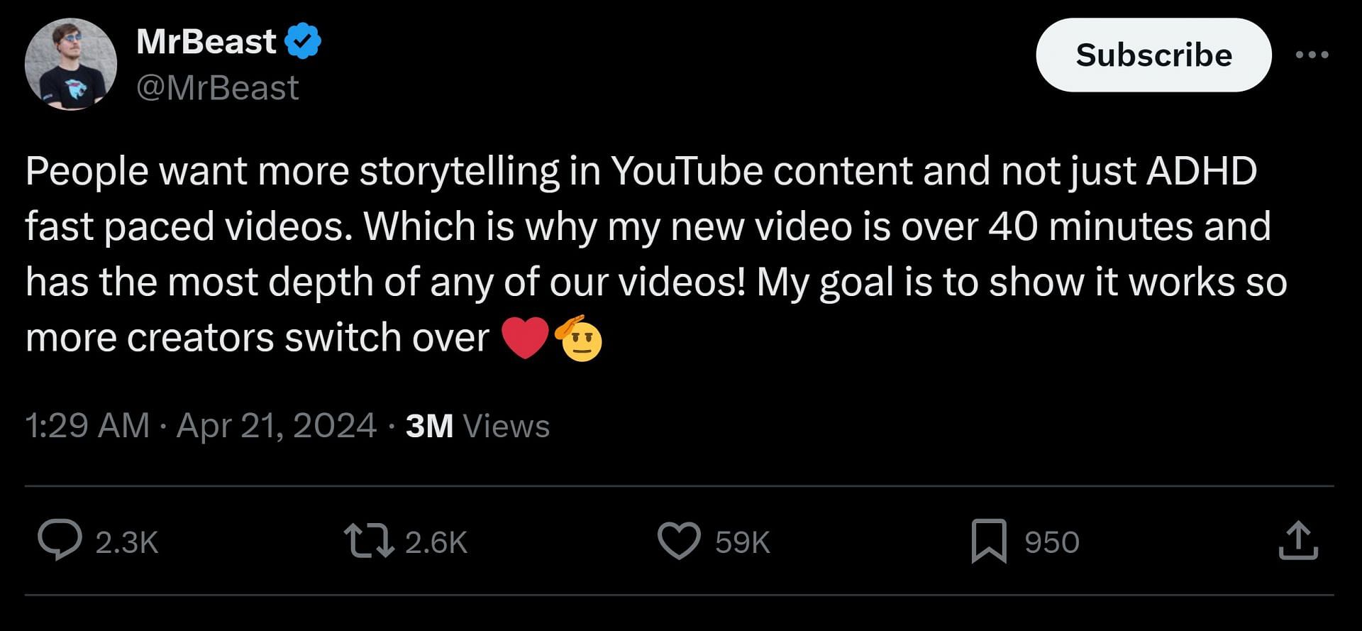 YouTube star&#039;s tweet on April 21, 2024, in which he explained why his most recent video was 40 minutes long. (Image via X)