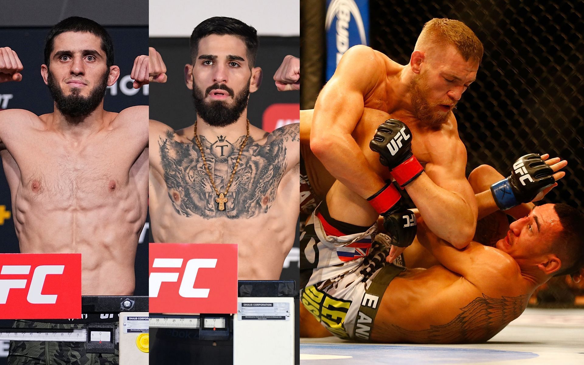 Islam Makhachev and Ilia Topuria (left) and Conor McGregor vs Max Holloway (right). [via Getty Images]