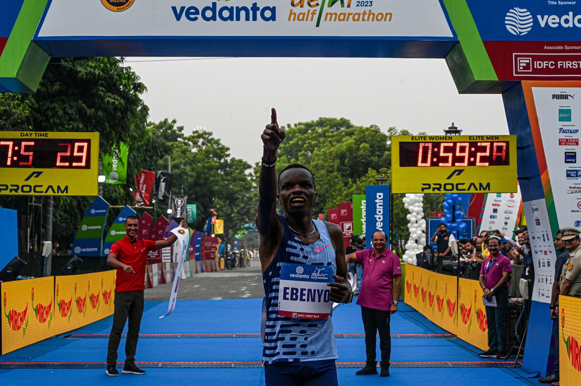 Daniel Ebenyo reacts after winning the Vedanta Delhi Half Marathon in New Delhi, India