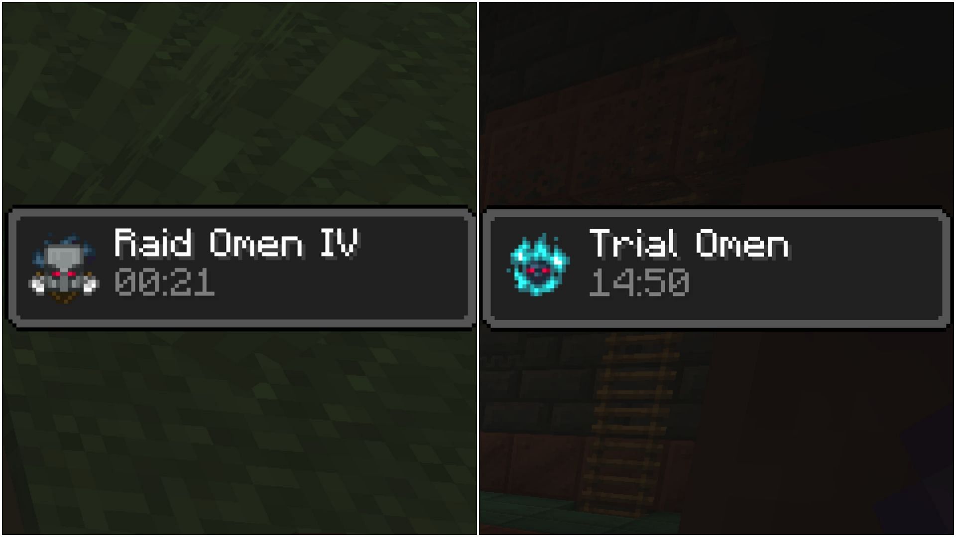 Raid omen and trial omen whenever a player either enters a village or approaches a trial spawned, respectively. (Image via Mojang Studios)