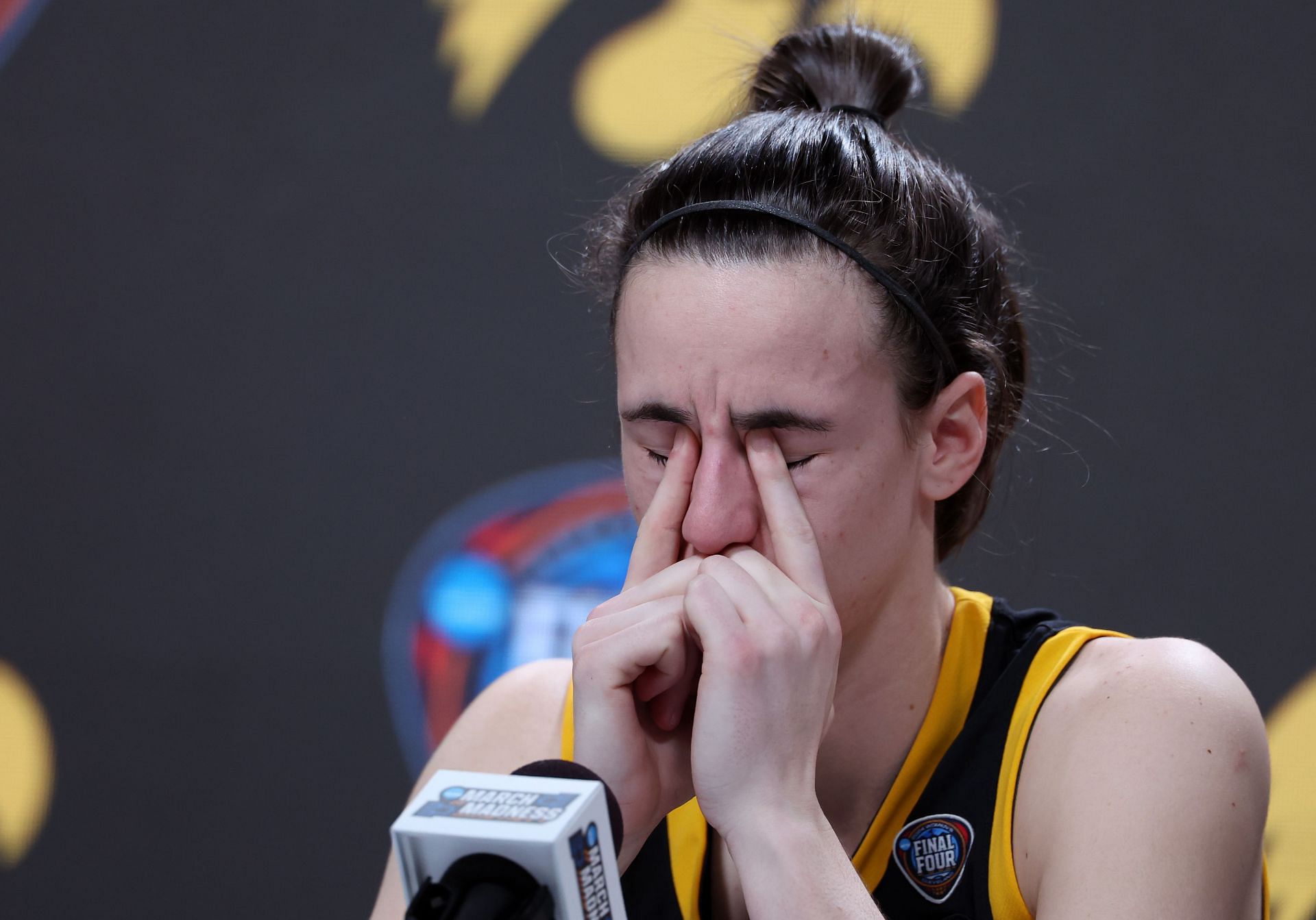 Clark #22 of the Iowa Hawkeyes speaks with the media.