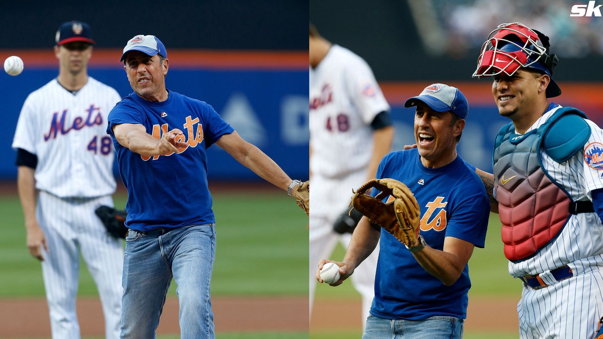 Comedian Jerry Seinfeld poses for a photograph with Wilson Ramos of the New York Mets after throwing out the ceremonial first pitch before a game against the Philadelphia Phillies at Citi Field