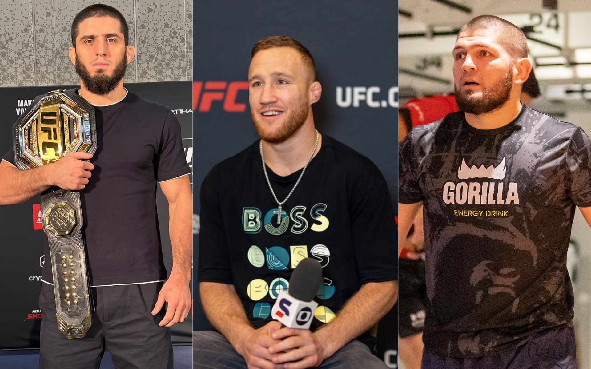 Justin Gaethje (center) reflects on his previous statement comparing Islam Makhachev (left) to Khabib Nurmagomedov (right) [Photo Courtesy @Justin_gaethje, @islam_makhachev and @khabib_nurmagomedov on Instagram]