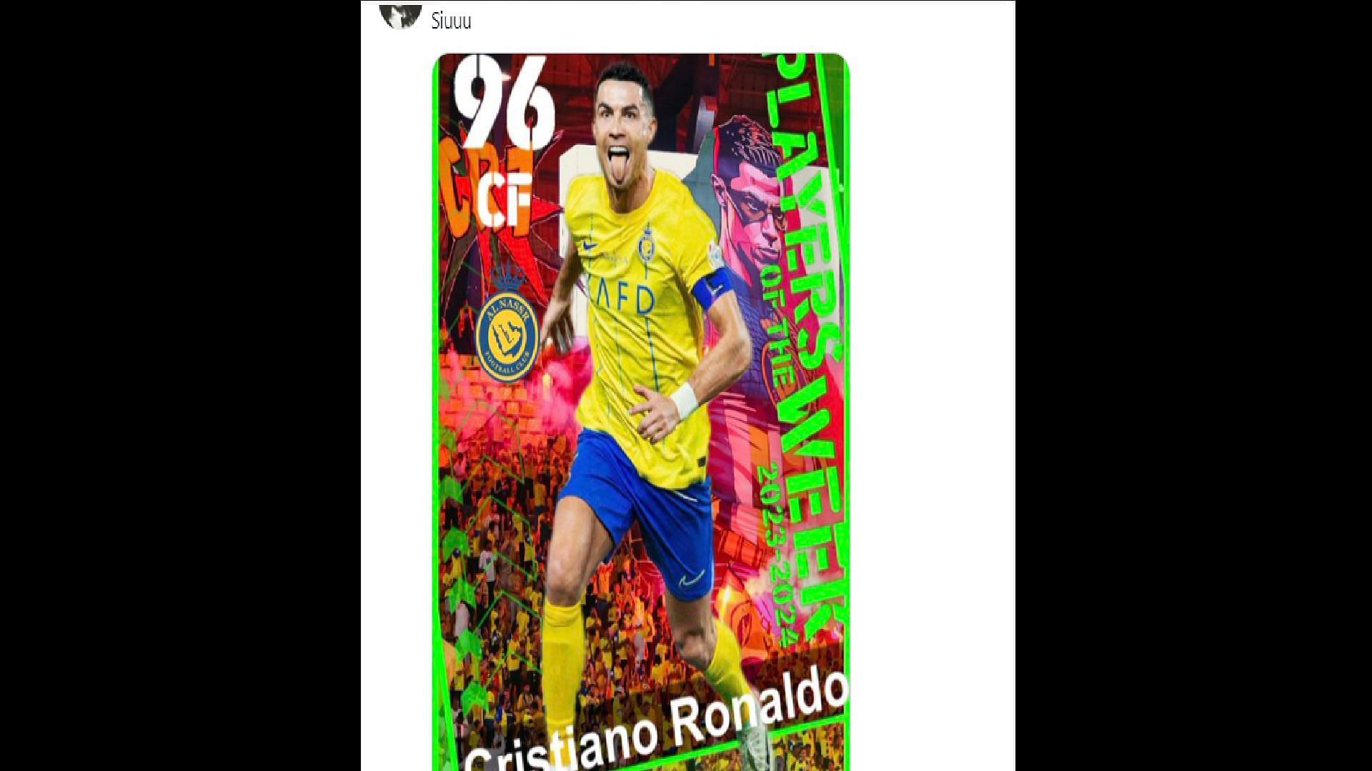 The fanart Cristiano Ronaldo POTW card (Image via X/r_thael)