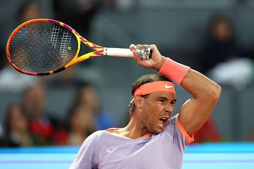 Rafael Nadal in action against Alex de Minaur at the 2024 Mutua Madrid Open