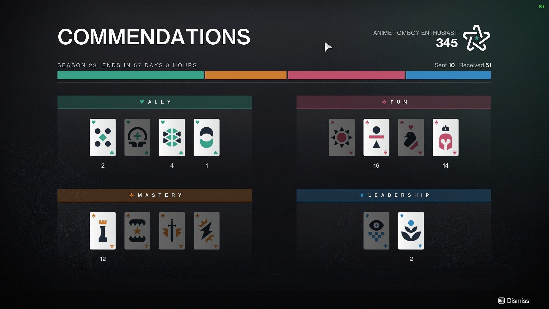 Commendation screen in Destiny 2 (Image via Bungie) 