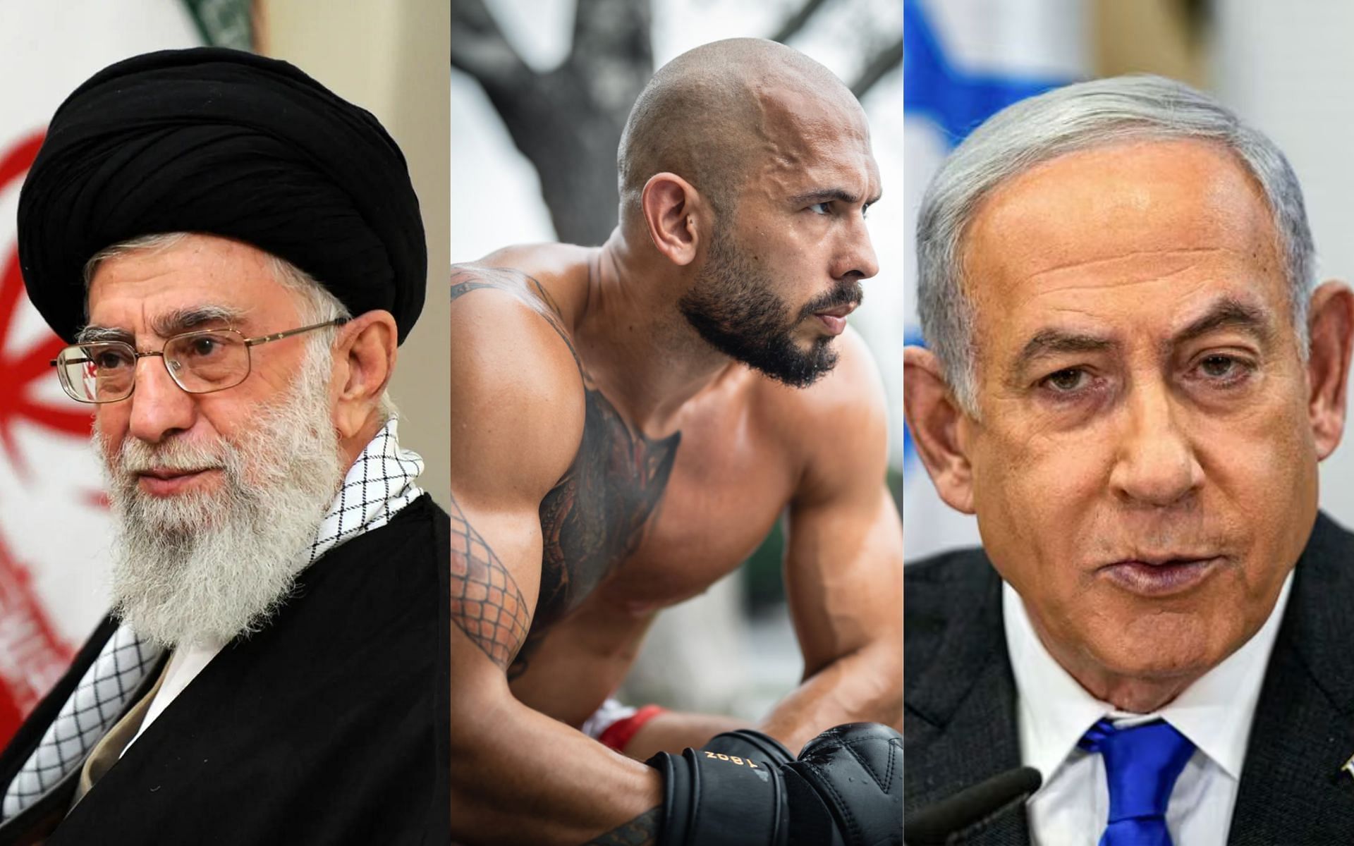 Andrew Tate (center) gives his thoughts on reported tension between Ali Khamenei (left) and Benjamin Netanyahu (right) [Photo Courtesy @cobratate on X and Getty Images]