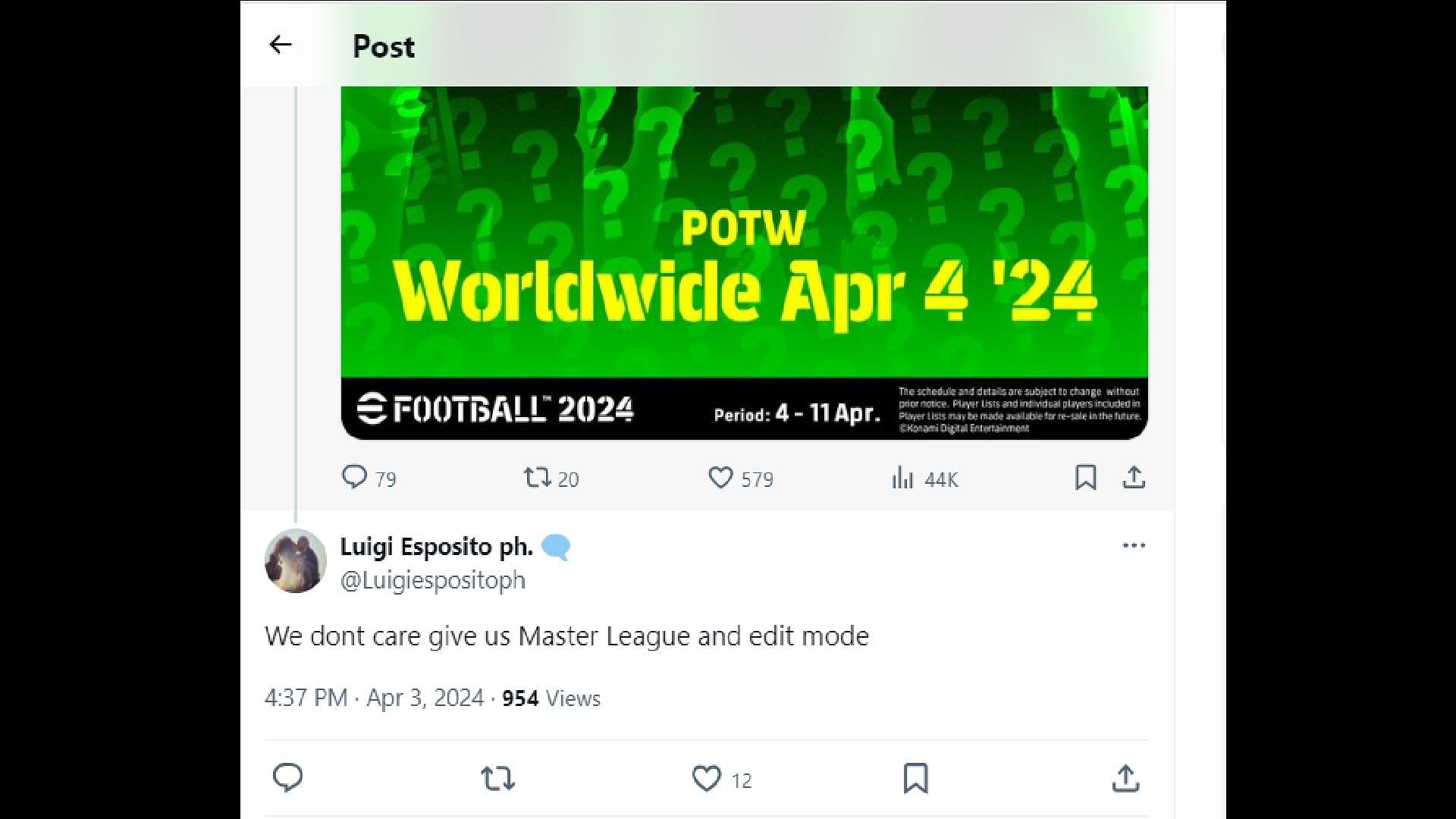 The eFootball 2024 community is still eagerly waiting for the Master League (Image via X/@Luigiespositoph)