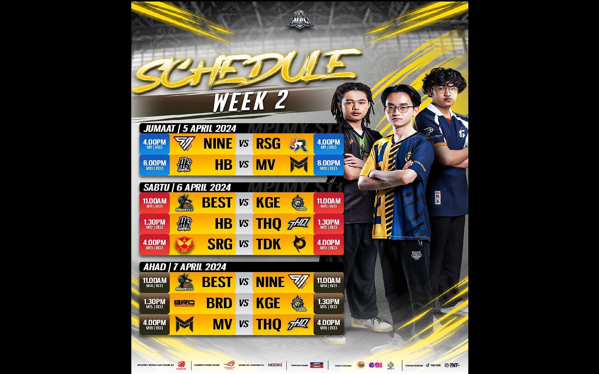 Schedule for MPL MY Season 13 Week 2 (Image via Moonton Games)