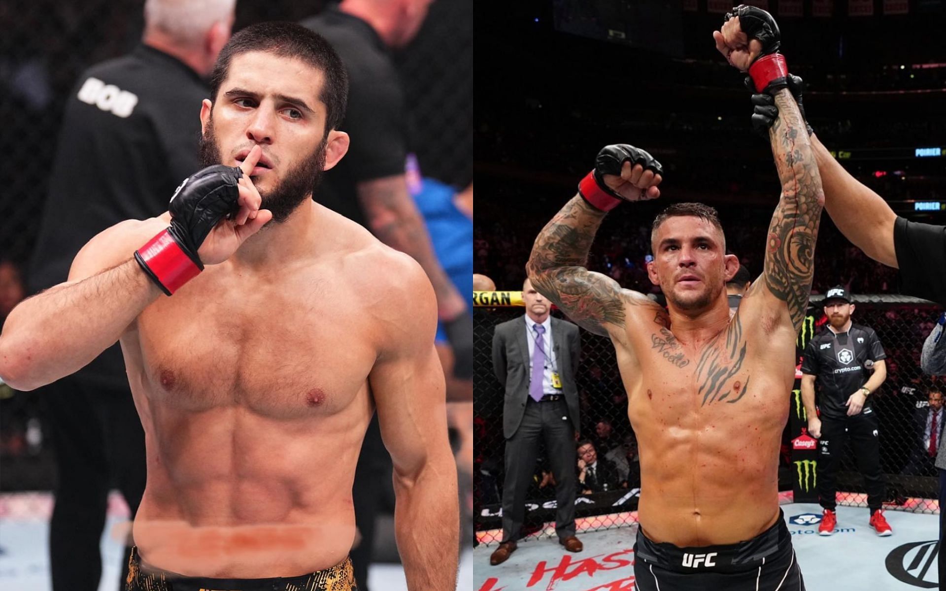 Islam Makhachev (left) predicts how he beats Dustin Poirier (right) at UFC 302 [Photo Courtesy @islam_makhachev and @dustinpoirier on Instagram]
