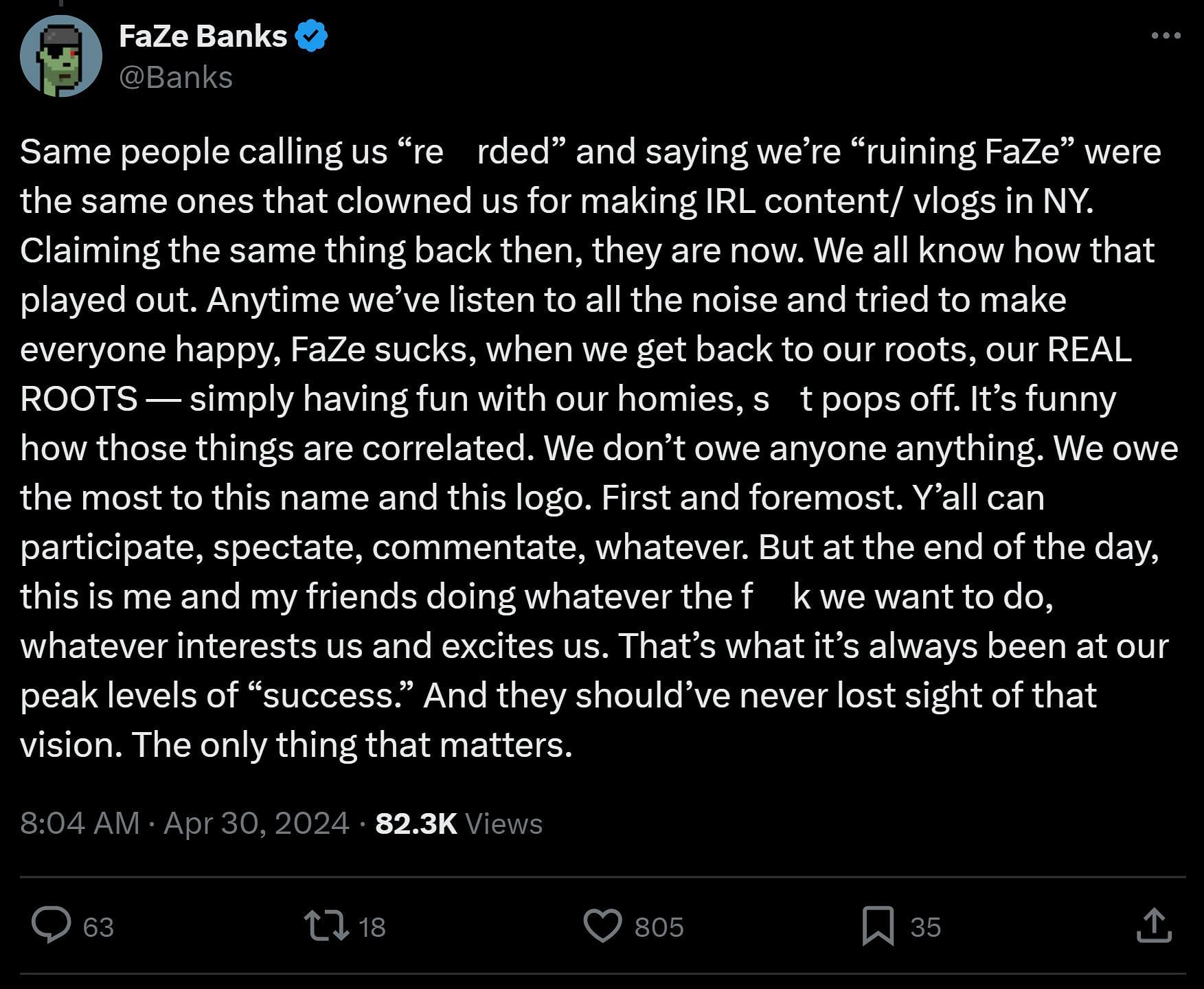 FaZe Banks responds to criticisms surrounding FaZe Clan (Image via X)