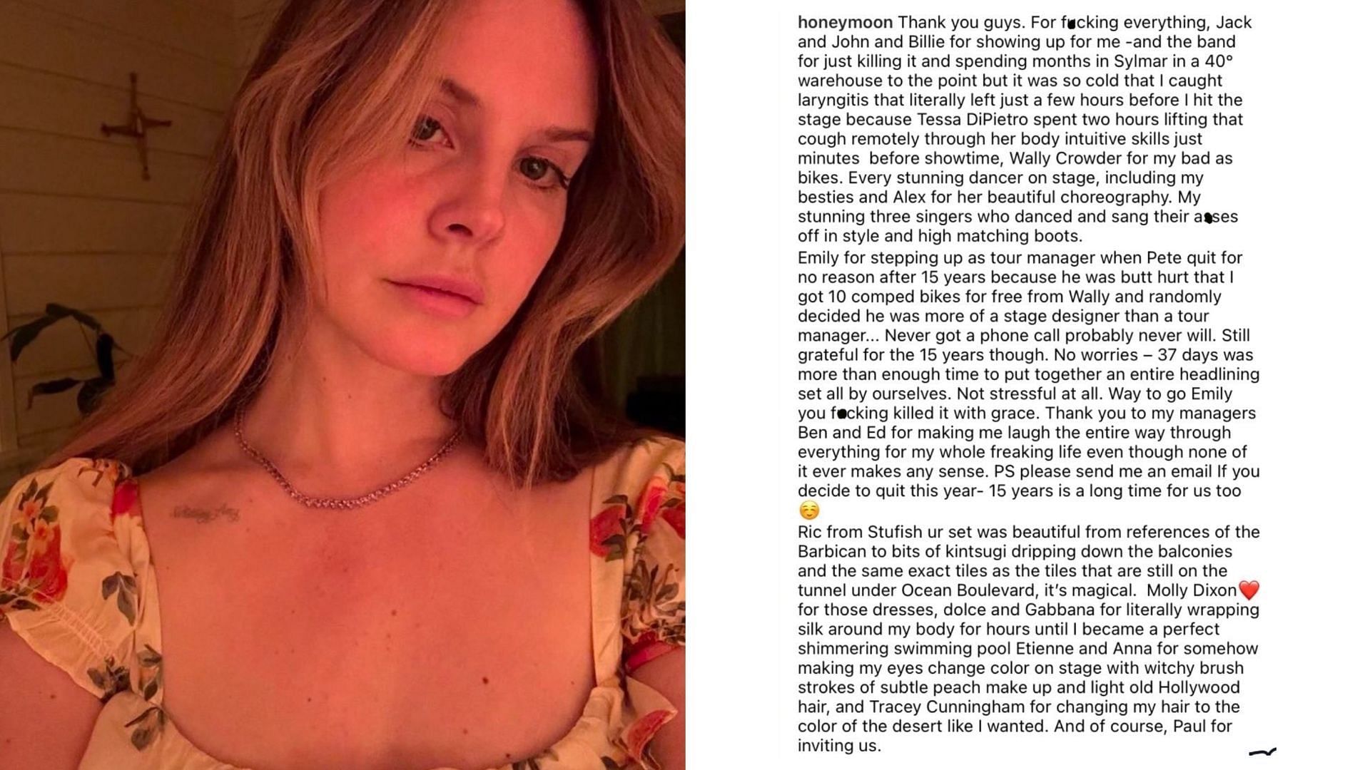 Lana Del Rey&#039;s post about her concert and manager. (Images via Instagram/@honeymoon)