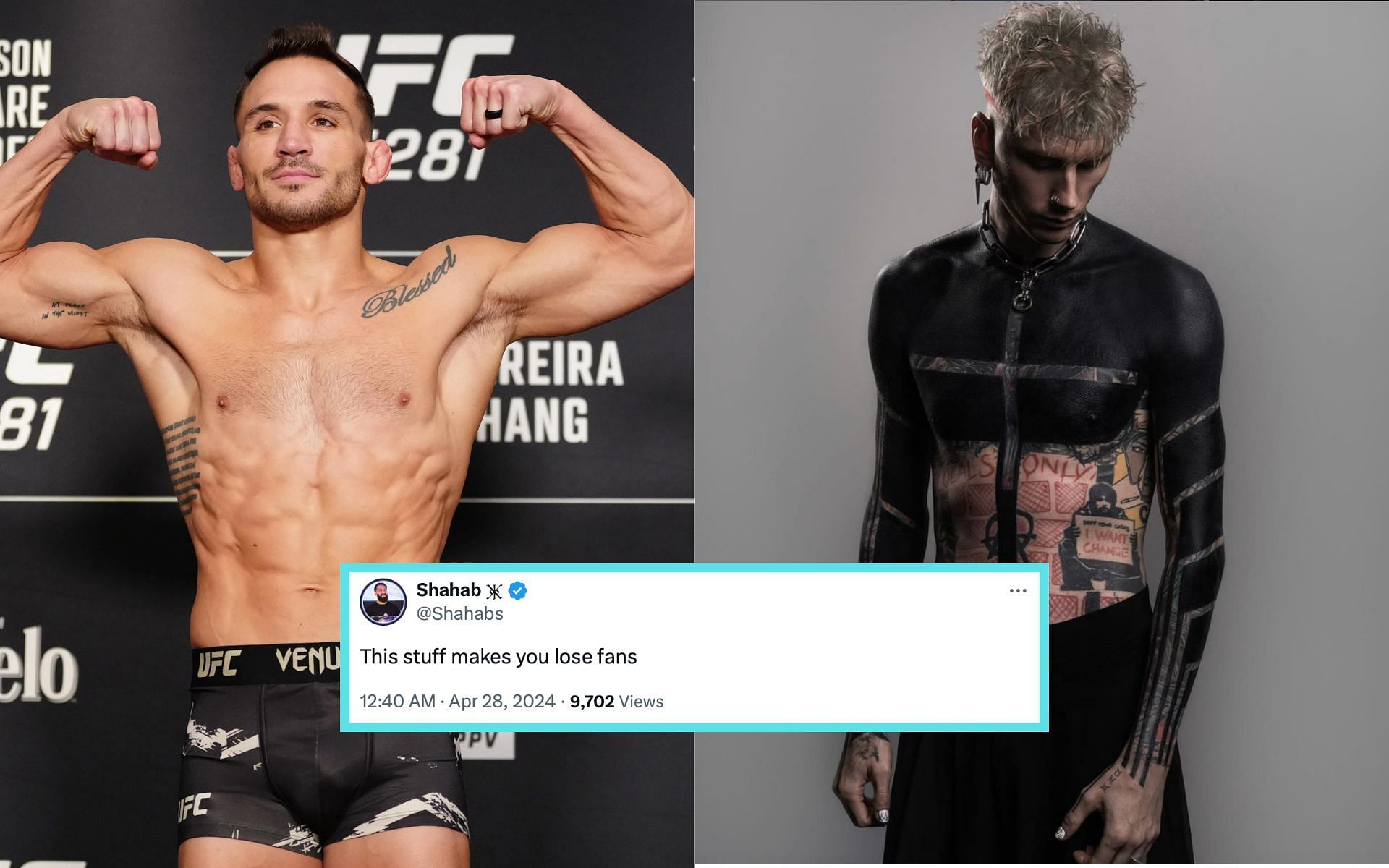 Fans criticize Michael Chandler (left) for his post with Machine Gun Kelly (right) [Photo Courtesy @machinegunkelly on Instagram and Getty Images]