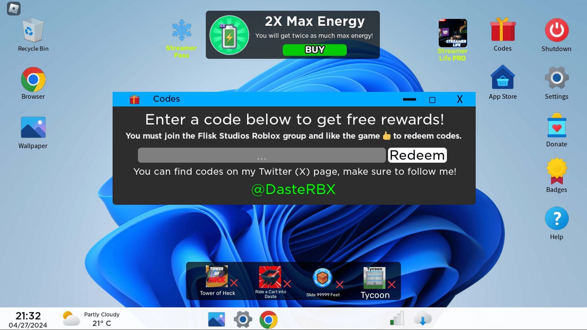 Redeem codes in Streamer Life with ease (Image via Roblox)