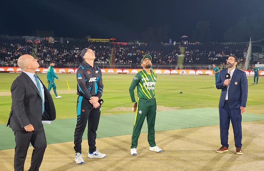 Babar Azam and Michael Bracewell during the toss of the first T20I (Image Courtesy: X/Pakistan Cricket)
