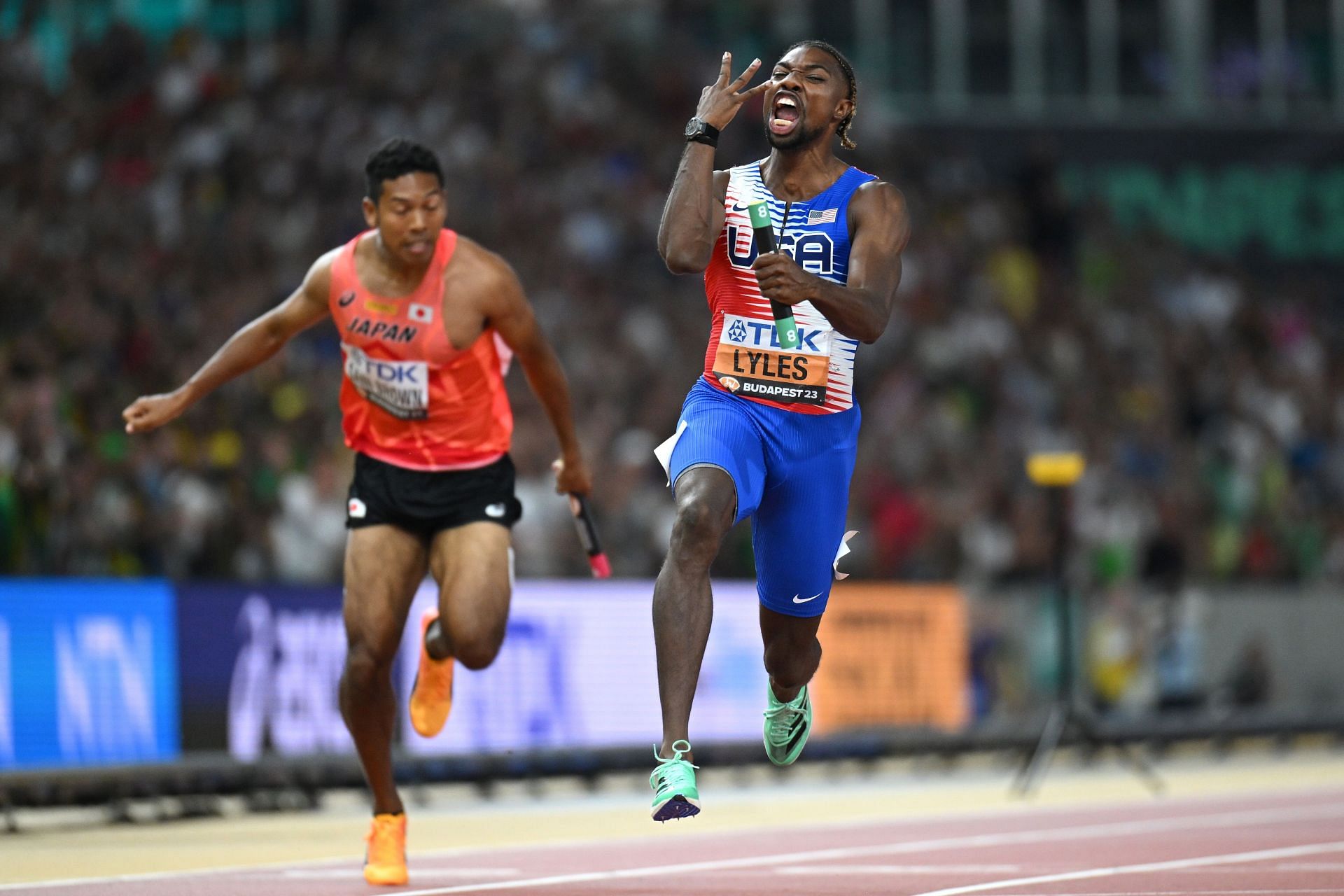 Noah Lyles of Team United States reacts after winning the Men&#039;s 4x100m Relay Final during the 2023 World Athletics Championships in Budapest, Hungary.