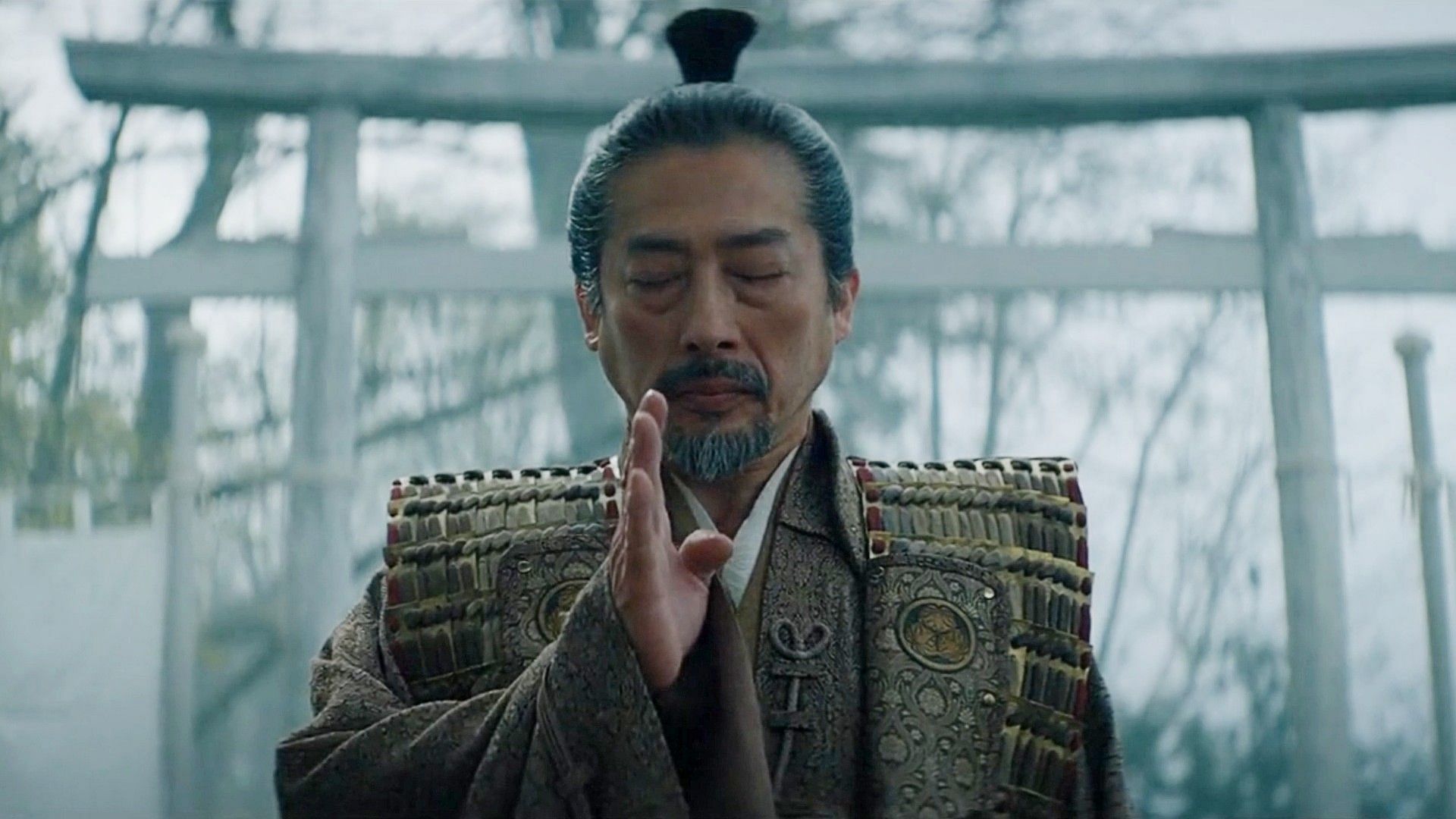 Toranaga paying respects to his son, as seen in Shōgun episode 8 (Image via FX)