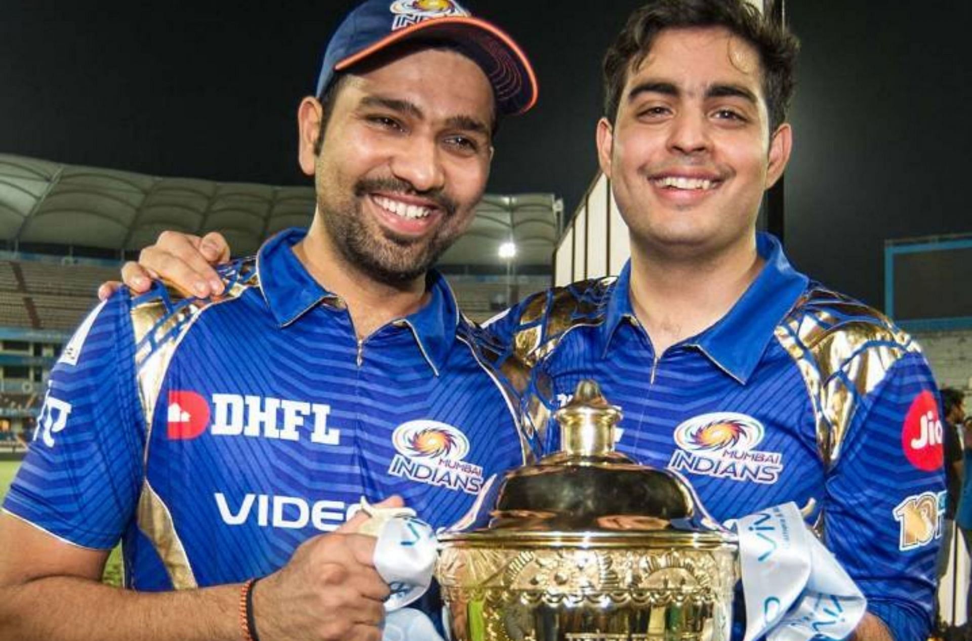 Rohit Sharma with Akash Ambani after winning IPL 2017 trophy. 
