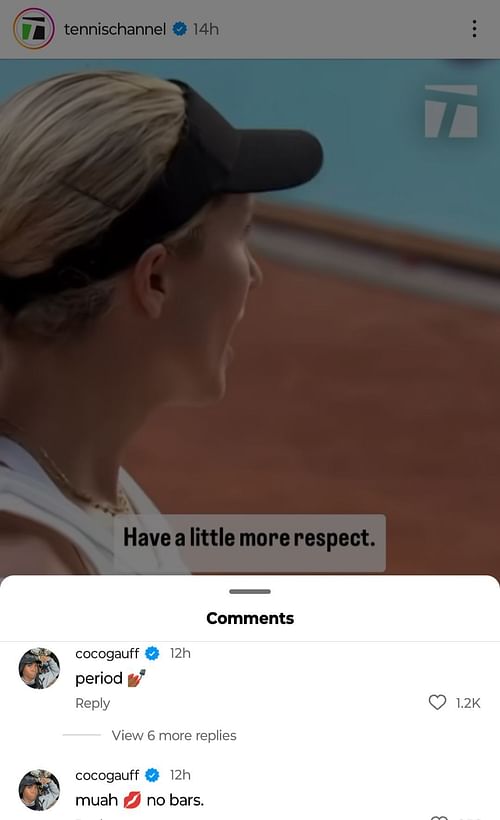 Coco Gauff comments on a post involving Danielle Collins