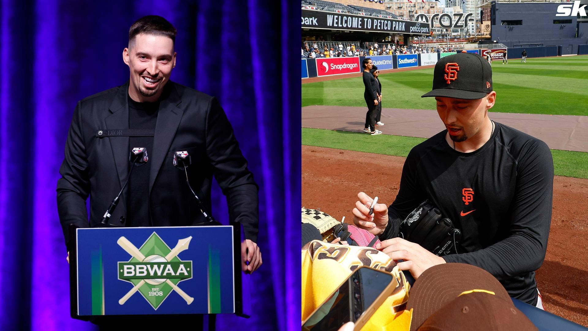 Blake Snell of the San Francisco Giants signs autographs for fans prior to an Opening Day game against the San Diego Padres at PETCO Park