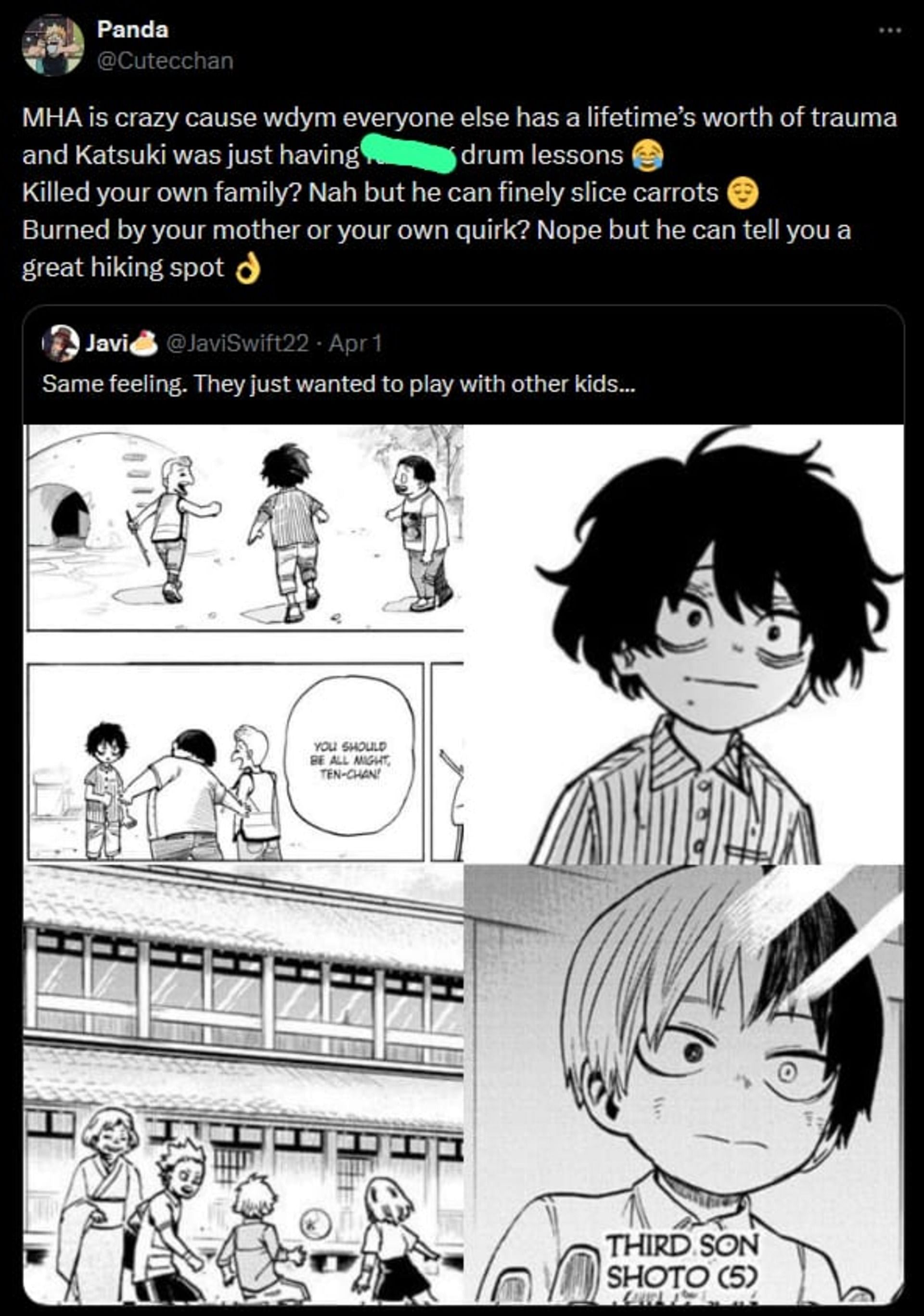 Post on X regarding My Hero Academia characters&#039; childhoods (Image via X)