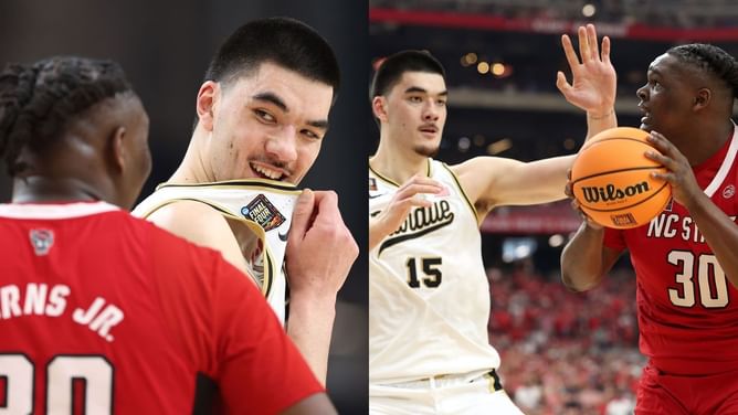 WATCH: Rivals DJ Burns Jr. and Zach Edey share light-hearted moments on court amid Purdue vs NC State's Final Four clash