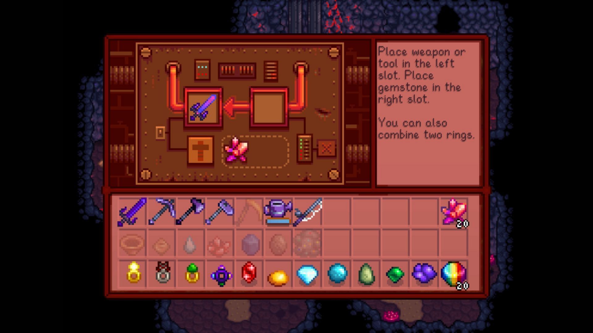 Stardew Valley Weapons can be upgraded by using Cinder Shards and Gems. (Image via ConcernedApe)