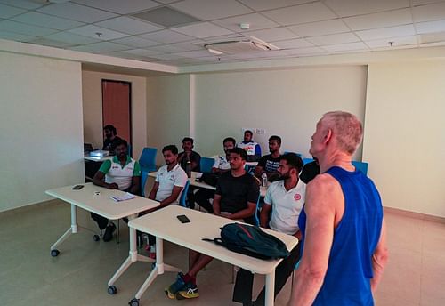 Andy Ashurst conducts a Pole Vault workshop at the Kalinga Stadium in Bhubaneswar.