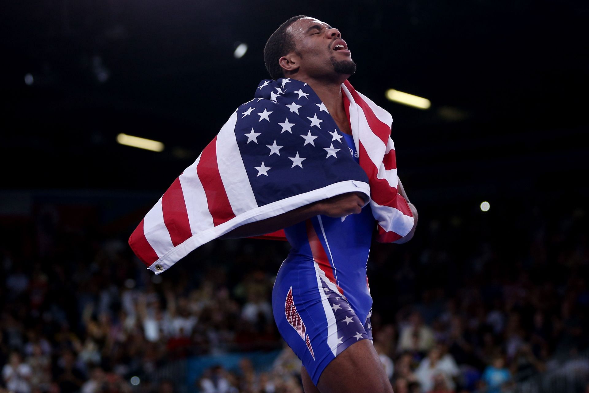 Jordan Burroughs of the United States celebrates his gold medal in the Men&#039;s Freestyle 74 kg Wrestling on Day 14 of the London 2012 Olympic Games at ExCeL on August 10, 2012 in London, England. (Photo by Feng Li/Getty Images)