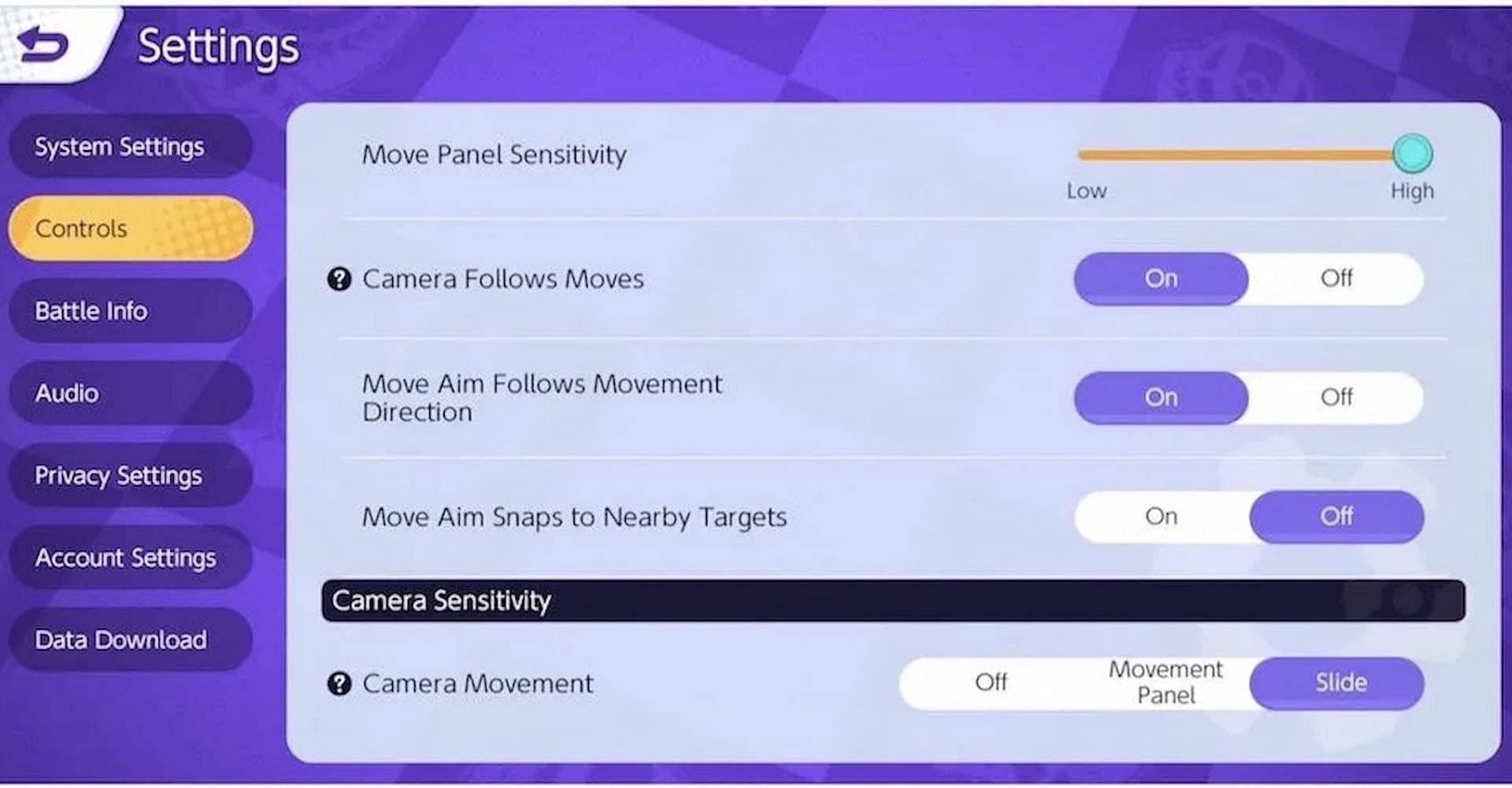 Camera Sensitivity can be found under the Controls section in Pokemon Unite (Image via The Pokemon Company)