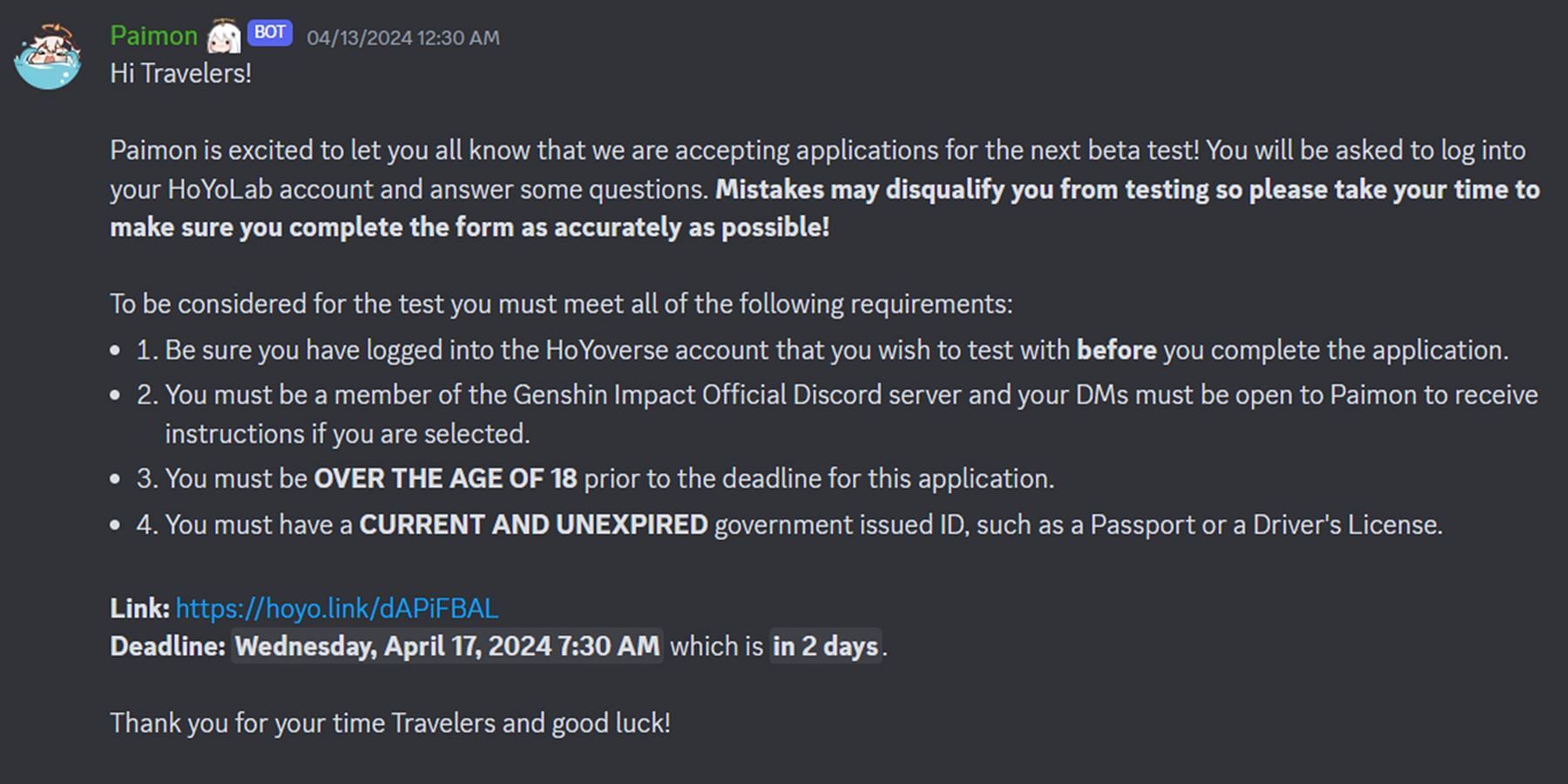 Version 4.7 beta announcement (Image via Genshin Impact Discord)