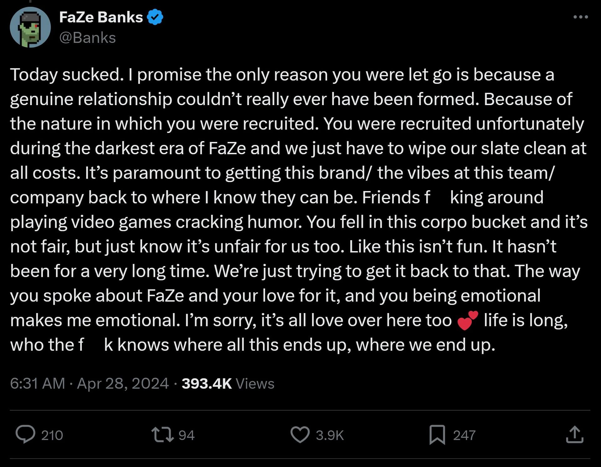 FaZe Banks&#039; response to Kalei after she got kicked out of FaZe Clan (Image via X)
