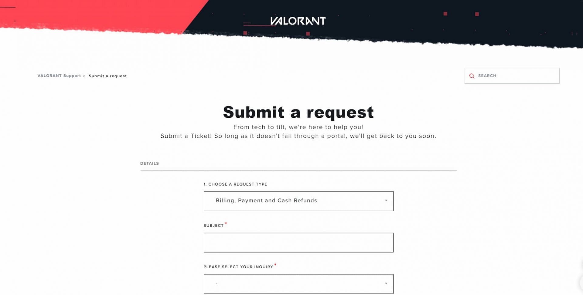 Riot support site where players need to submit a ticket (Image via Riot Support Page)