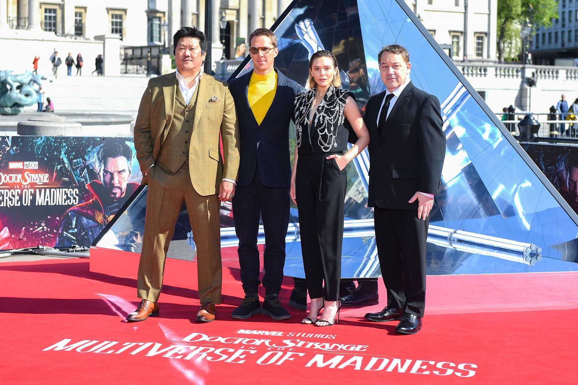 Benedict Wong, Benedict Cumberbatch, Elizabeth Olsen and Sam Raimi (via Getty/Joe Maher)