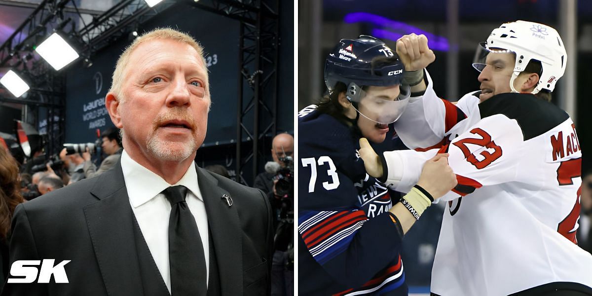 Boris Becker reacts to fight between New York Rangers and New Jersey Devils