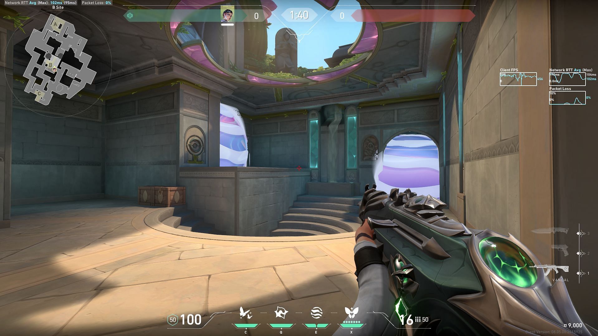 B-site attacking smokes combo 2 in-game view (Image via Riot Games)