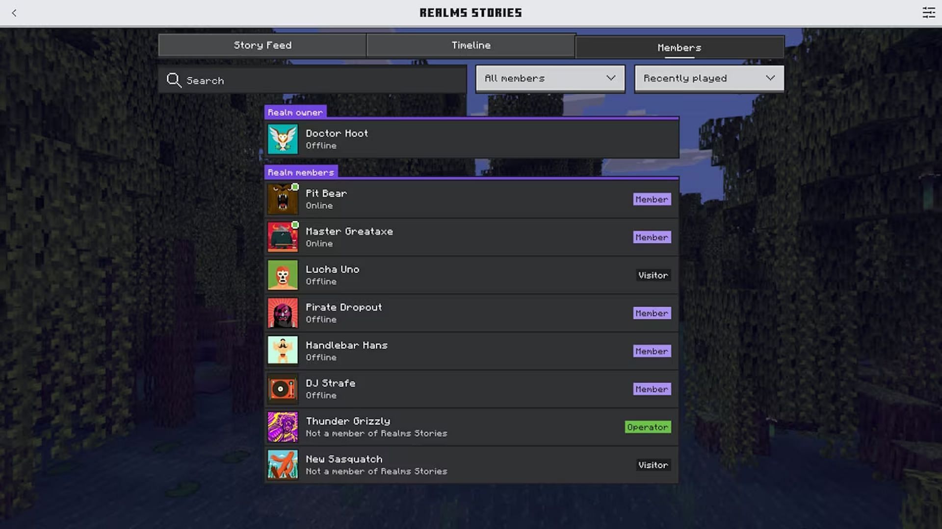 The Members tab of Realms Stories will be useful for tracking down players to adventure with (Image via Mojang)
