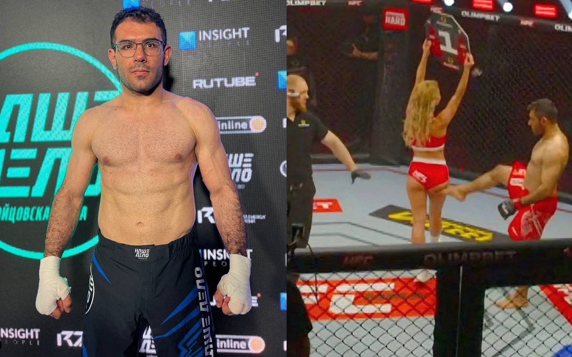 Ali Heibati (left) received a lifetime ban for kicking a ring girl (right) and stirring up a massive brawl [Images Courtesy: @ali_heibatiii Instagram and @Yolkswagon X]