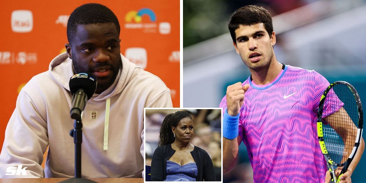 Frances Tiafoe (L), Michelle Obama (inset), and Carlos Alcaraz (R)