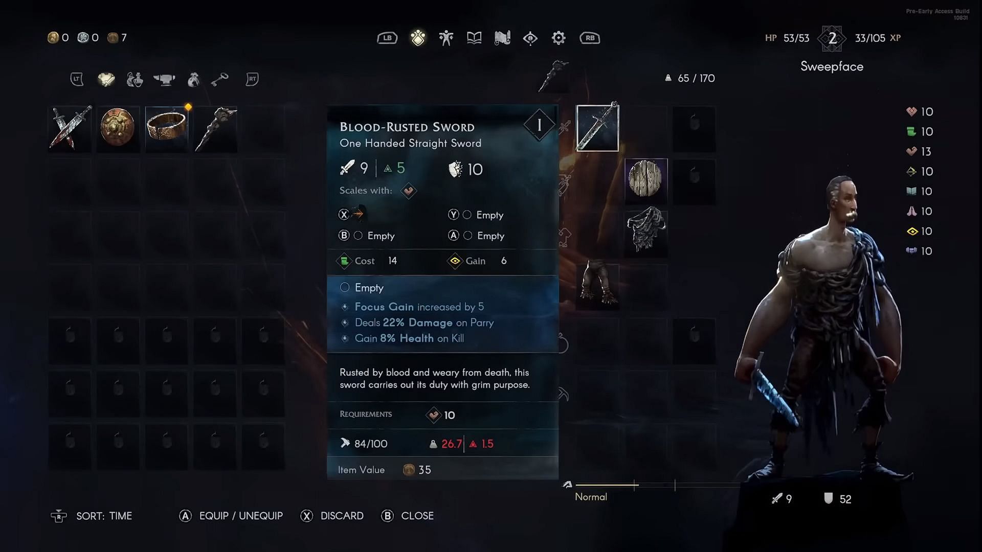 The inventory menu of No Rest for the Wicked (Image via Moon Studios || YouTube/RageGamingVideos)