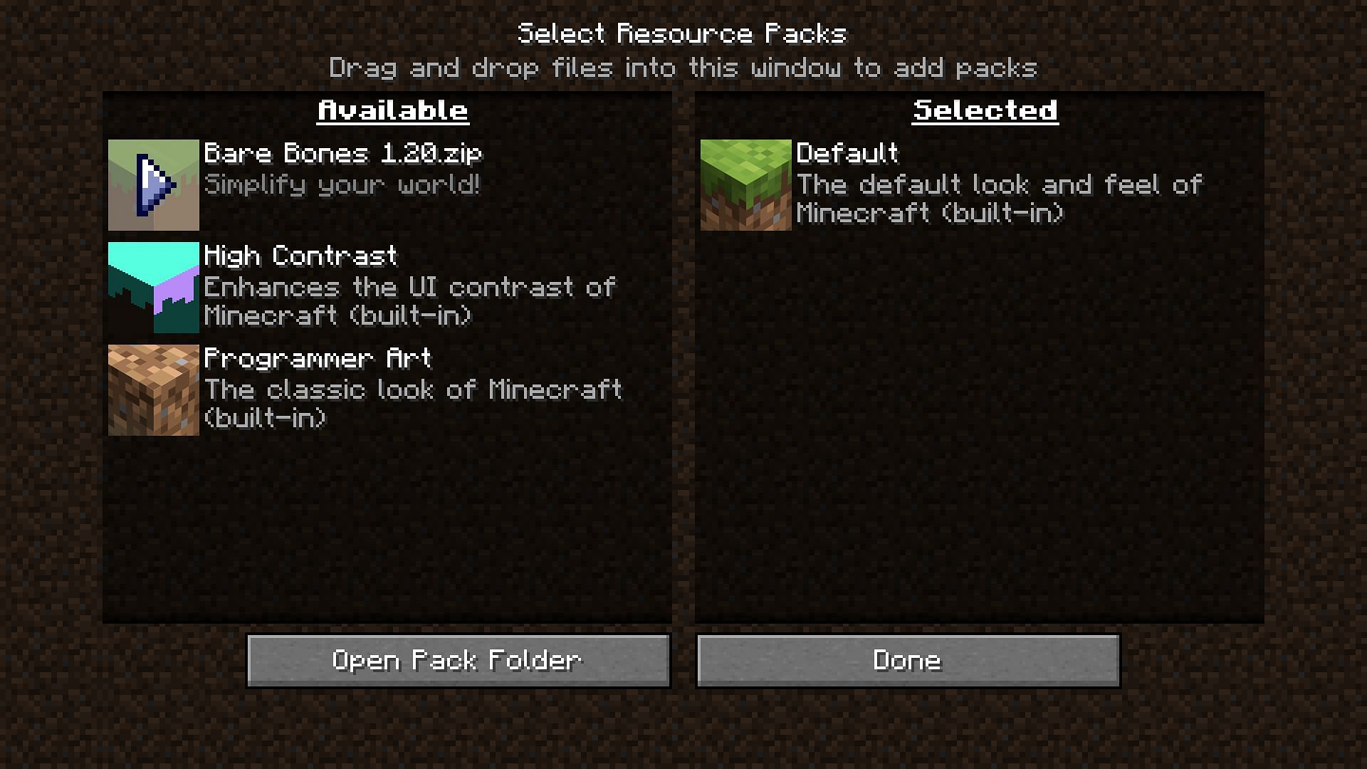 Resource pack selection screen (Image via Mojang)