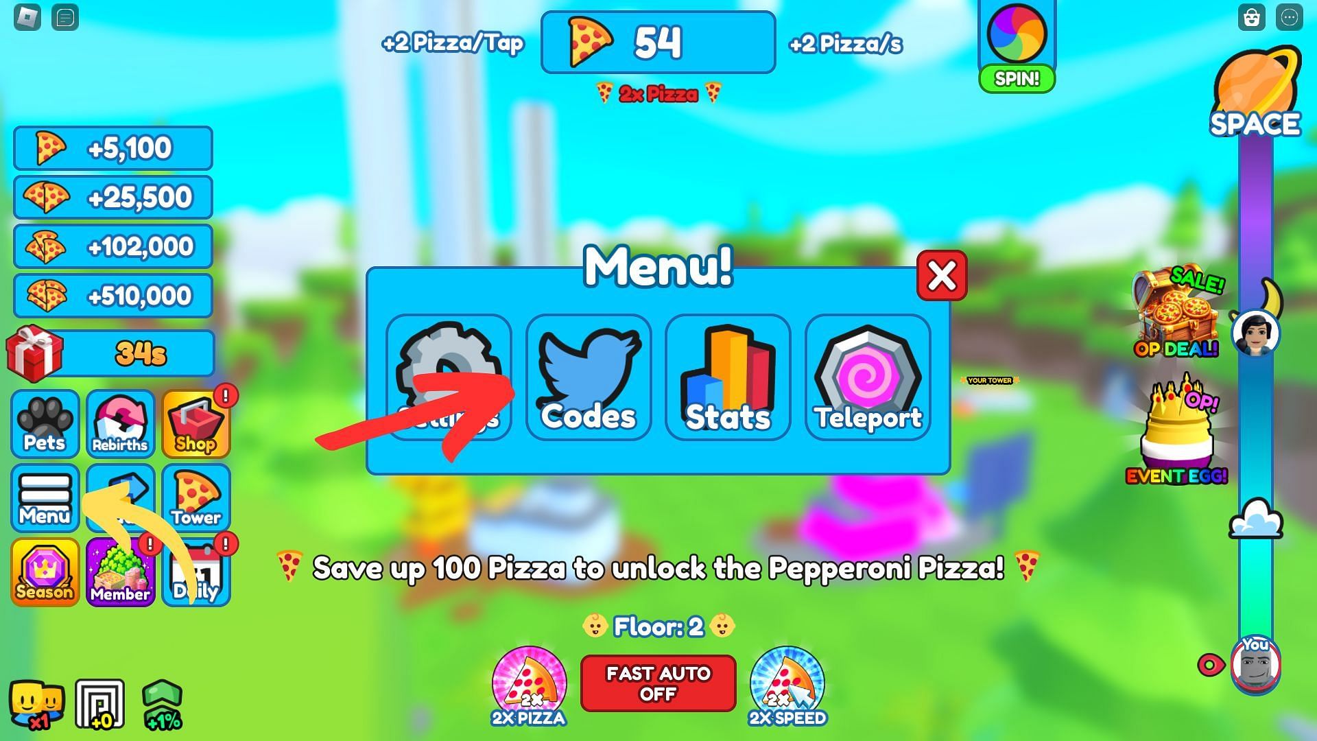 How to redeem codes for 1 Pizza Per Second (Image via Roblox and Sportskeeda)