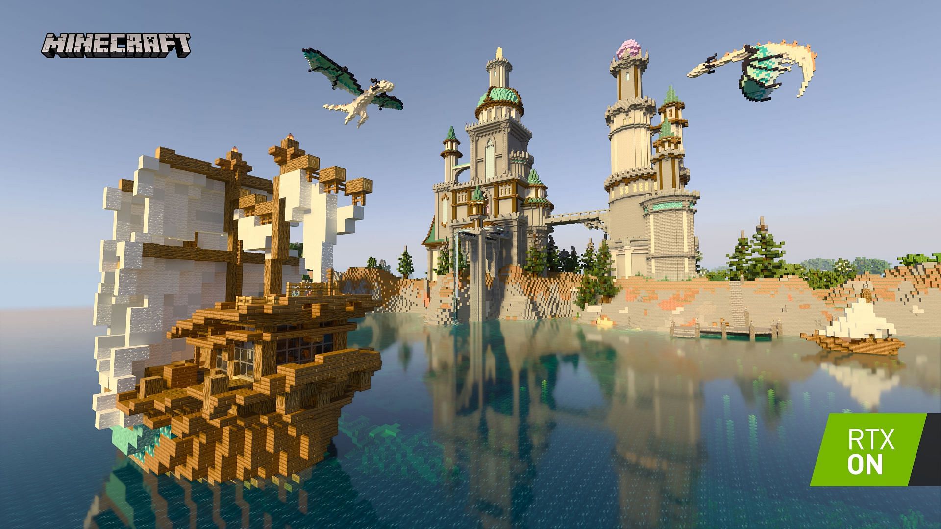 Minecraft undergoes a complete transformation when ray tracing is enabled. (Image via Mojang and Nvidia)