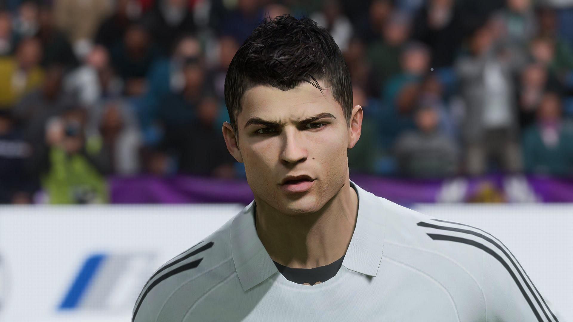 A young Cristiano Ronaldo&#039;s modded face in EA FC 24 created by Redditor r/fut (Image via r/fut Reddit handle)