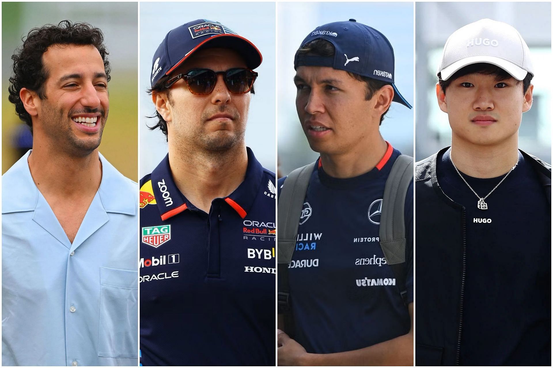 Daniel Ricciardo (L), Sergio Perez (CL), Alex Albon (CR), and Yuki Tsunoda (R) (Collage via Sportskeeda)