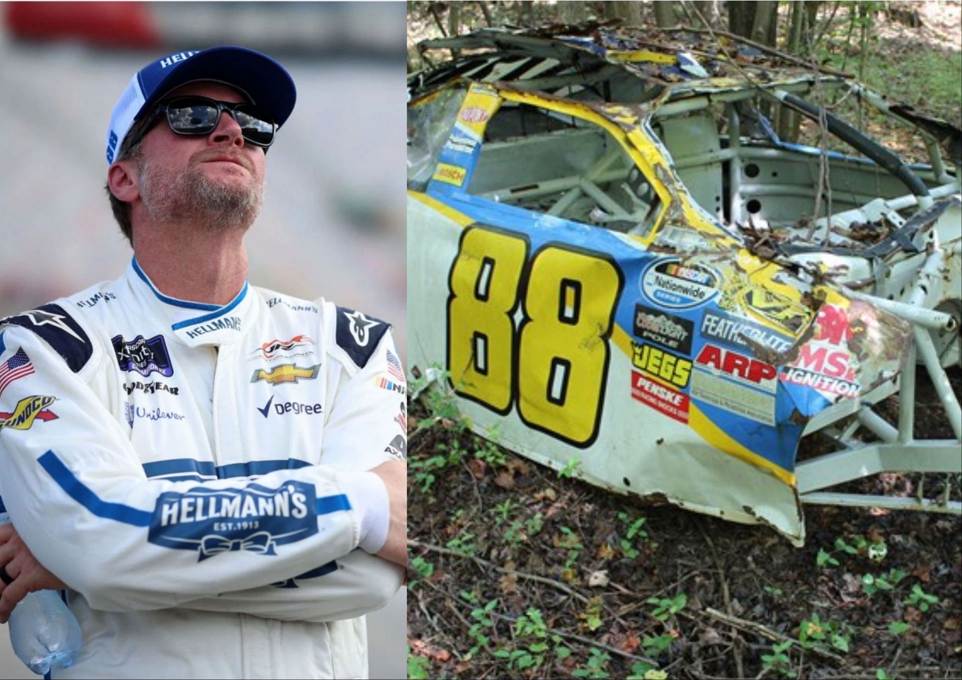 Dale Earnhardt jr and his #88 Chevy (Image via Getty and DaleJr.com respectively)