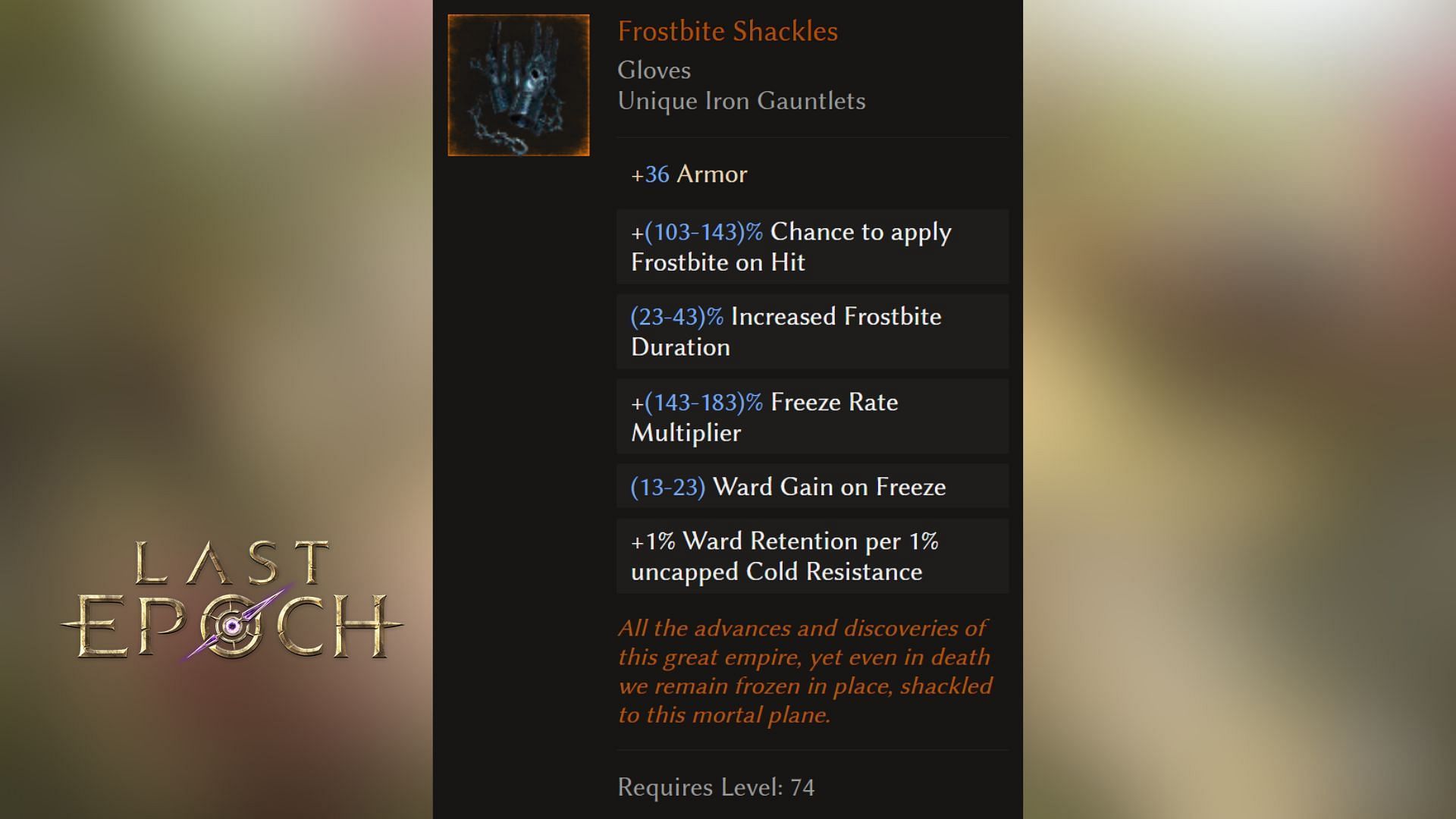 Frostbite Shackles&#039; stats in Last Epoch (Image via Eleventh Hour Games)