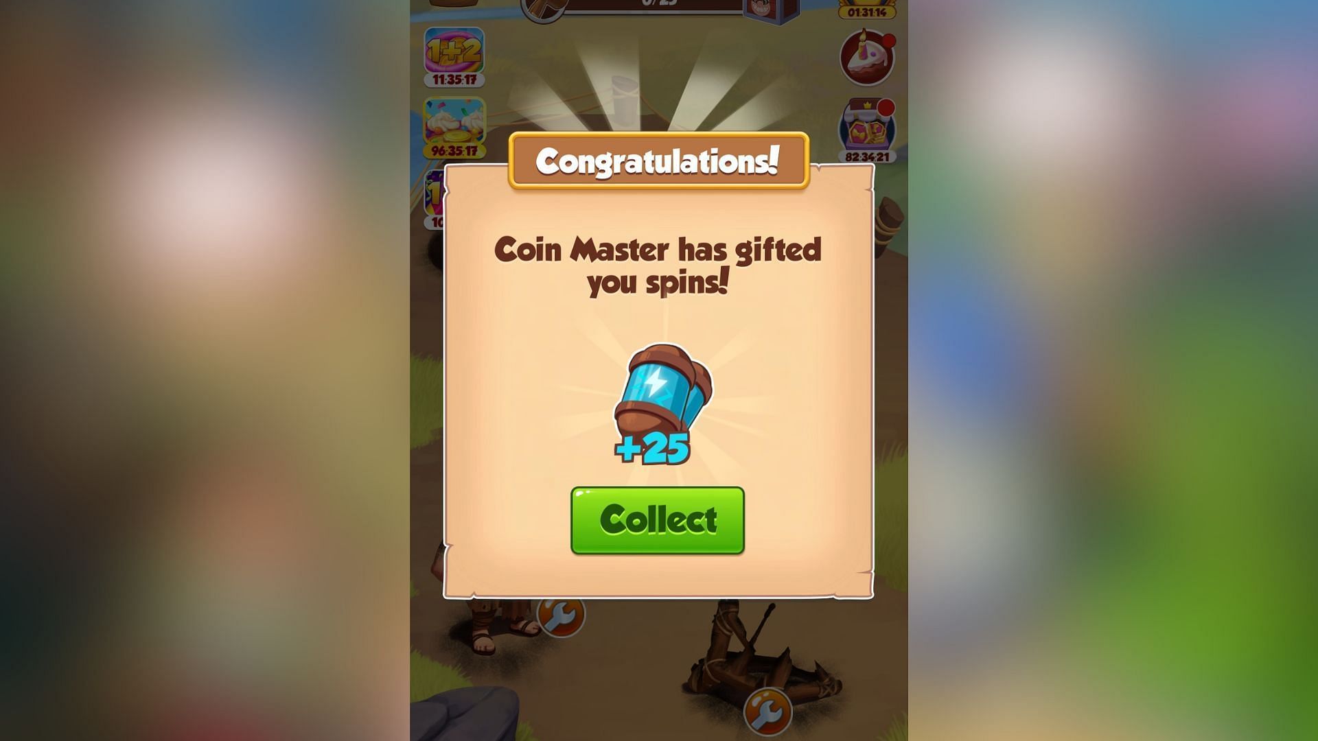 Tap the green Collect button to claim all Coin Master free Spins and coins (Image via Moon Active)