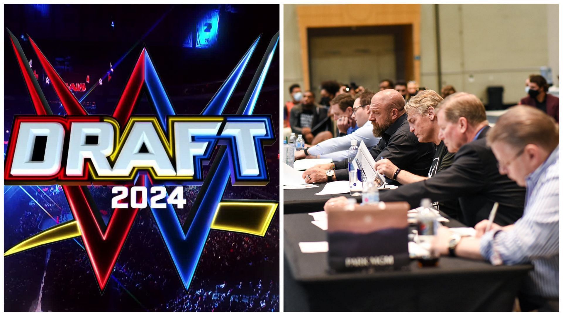 The official logo for the 2024 WWE Draft, Triple H and other officials take notes at WWE tryout