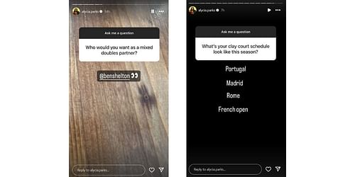 Screenshots of Alycia Parks' recent Instagram stories.